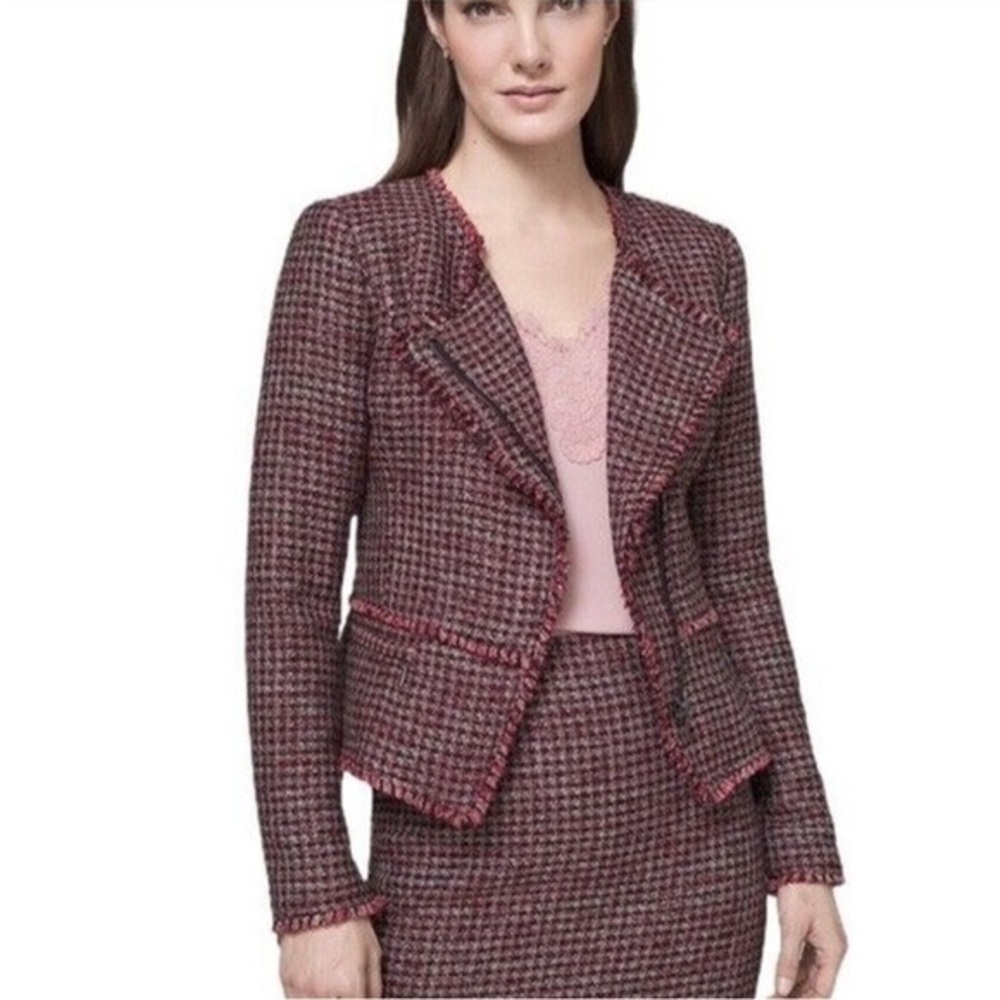 White House Black Market Tweed Metallic Frayed Asymmetrical Zip Up Red Jacket 10
